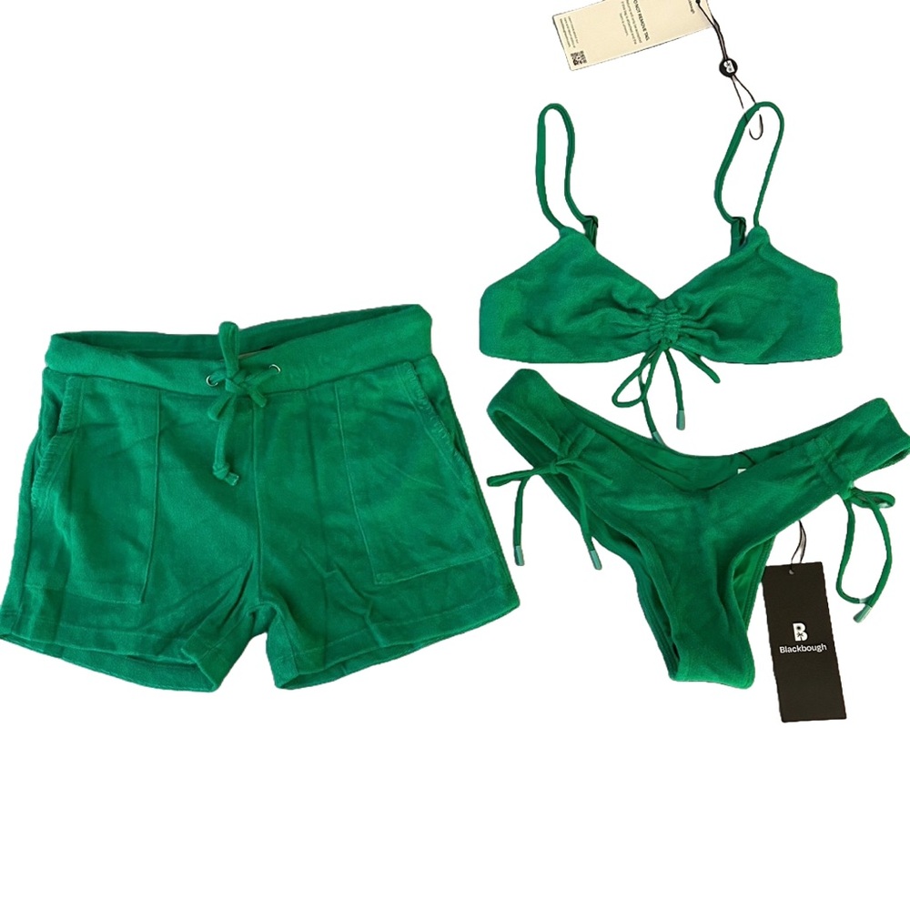 Blackbough 3 Piece Green Terry Bikini Set, Small Fits XS, Sophia Top & Bottoms